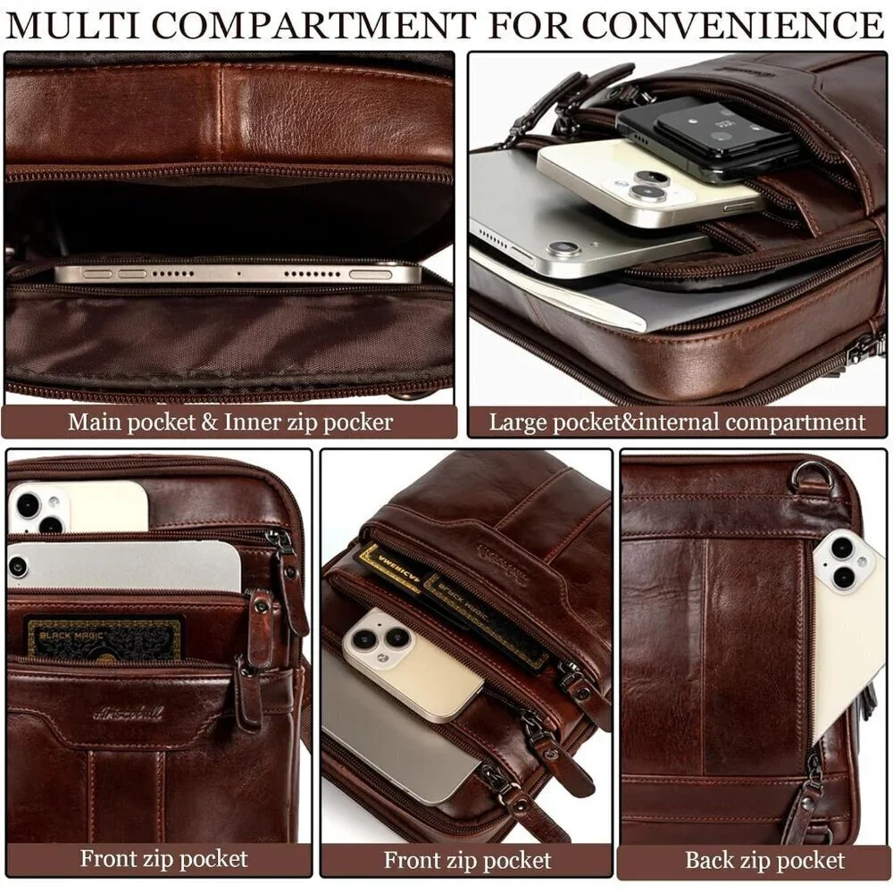 💫 Men Brown Leather Sling Small Messenger Pack Vintage Fashion Shoulder Bag